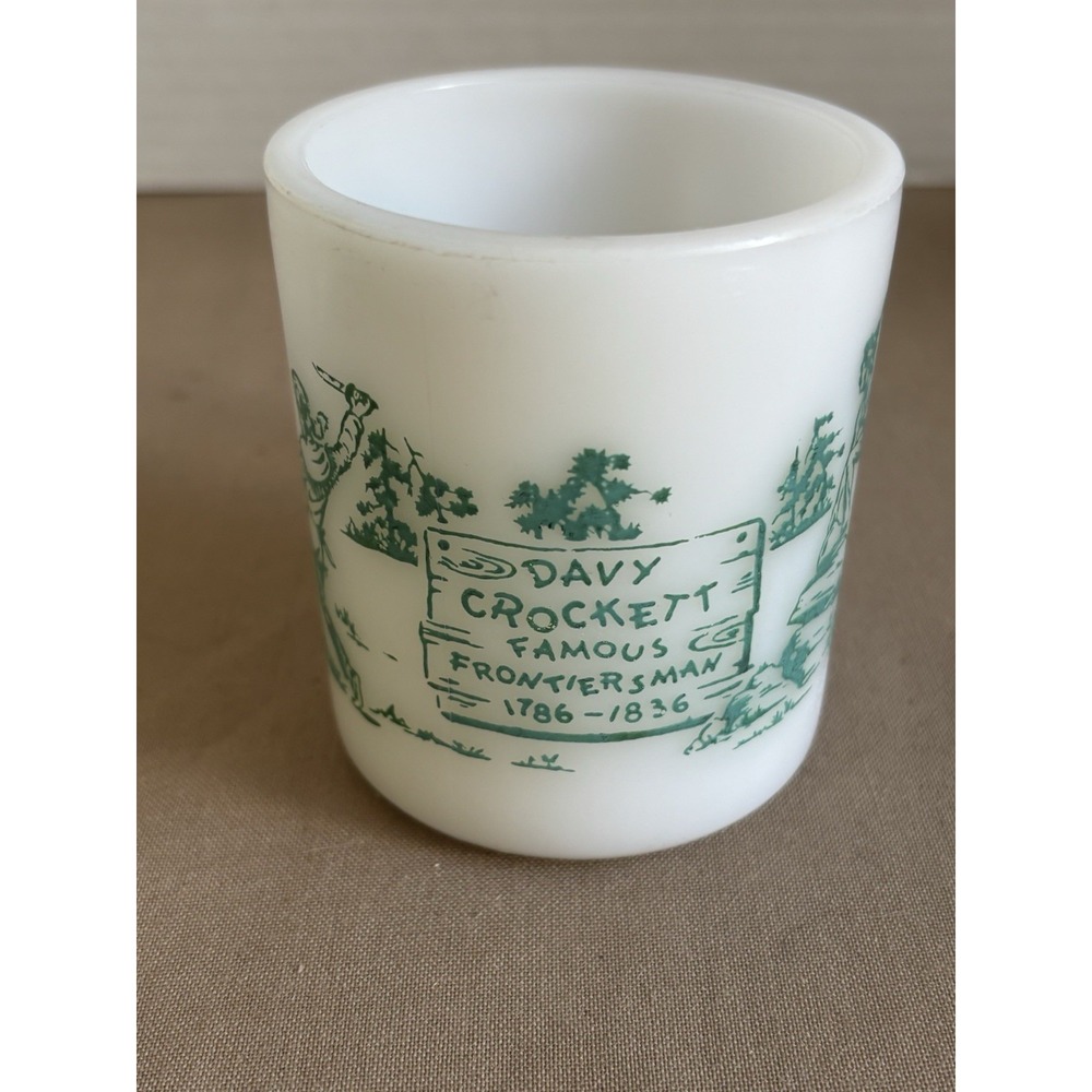 Hazel Atlas Davy Crockett Famous Frontiersman Milk Glass Mug Cup Green Logo